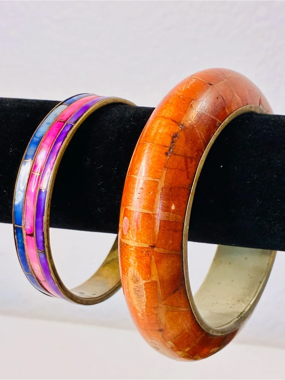 Bold Orange Mosaic Inlay Bangle Bracelet Dyed Mother Of Pearl Blue Pink & Purple